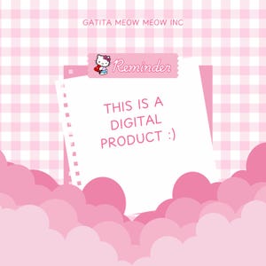 Puede incluir: Un fondo de cuadros rosa y blanco con un bloc de notas blanco y una pegatina de recordatorio rosa. La pegatina de recordatorio tiene un gato de dibujos animados con un lazo rojo y la palabra "Recordatorio" escrita en ella. El bloc de notas tiene el texto "ESTO ES UN PRODUCTO DIGITAL :)" escrito en &eacute;l.