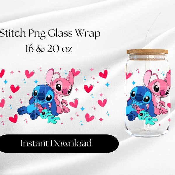 Stitch Tumbler, 16oz Glass Can Wrap, 16oz Libbey Can Glass, Valentines Day Tumbler Wrap, Full Glass Can Wrap, Cartoon Tumbler