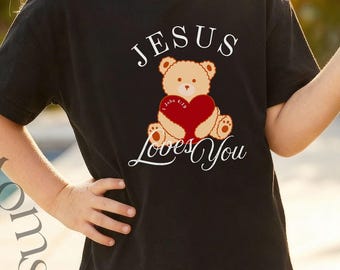 Maglietta per bambini con orsetto "Gesù ti ama" / Simpatica maglietta religiosa per bambini