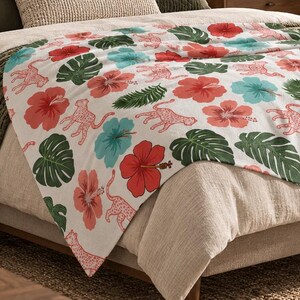 Tropical Hibiscus & Leopard Blanket | Velveteen Microfiber Blanket