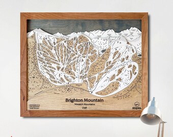 Mapa 3D de pistas de esquí de Brighton Mountain / Mapa de pistas de esquí de madera, mapa de esquí grabado, decoración de cabañas, regalos para esquiadores