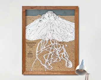 Mapa 3D de las pistas de esquí de Timberline: Arte grabado en madera