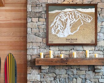 Mapa artístico de pistas de esquí de Snow Summit: madera grabada, decoración de cabañas