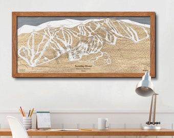 Mapa 3D de pistas de esquí de Sunday River / Arte de esquí, Mapas de pistas de esquí, Mapas de madera grabados, Decoración de cabañas, Regalos para esquiadores