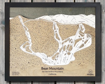 Mapa 3D de pistas de esquí de Bear Mountain: Arte de esquí grabado en madera