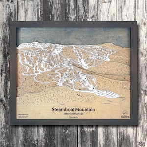 Carte des pistes de ski 3D de Steamboat Mountain, Colorado | Art du ski, art de la carte des pistes de ski, cartes en bois gravées, décoration de cabane, cadeaux pour skieurs