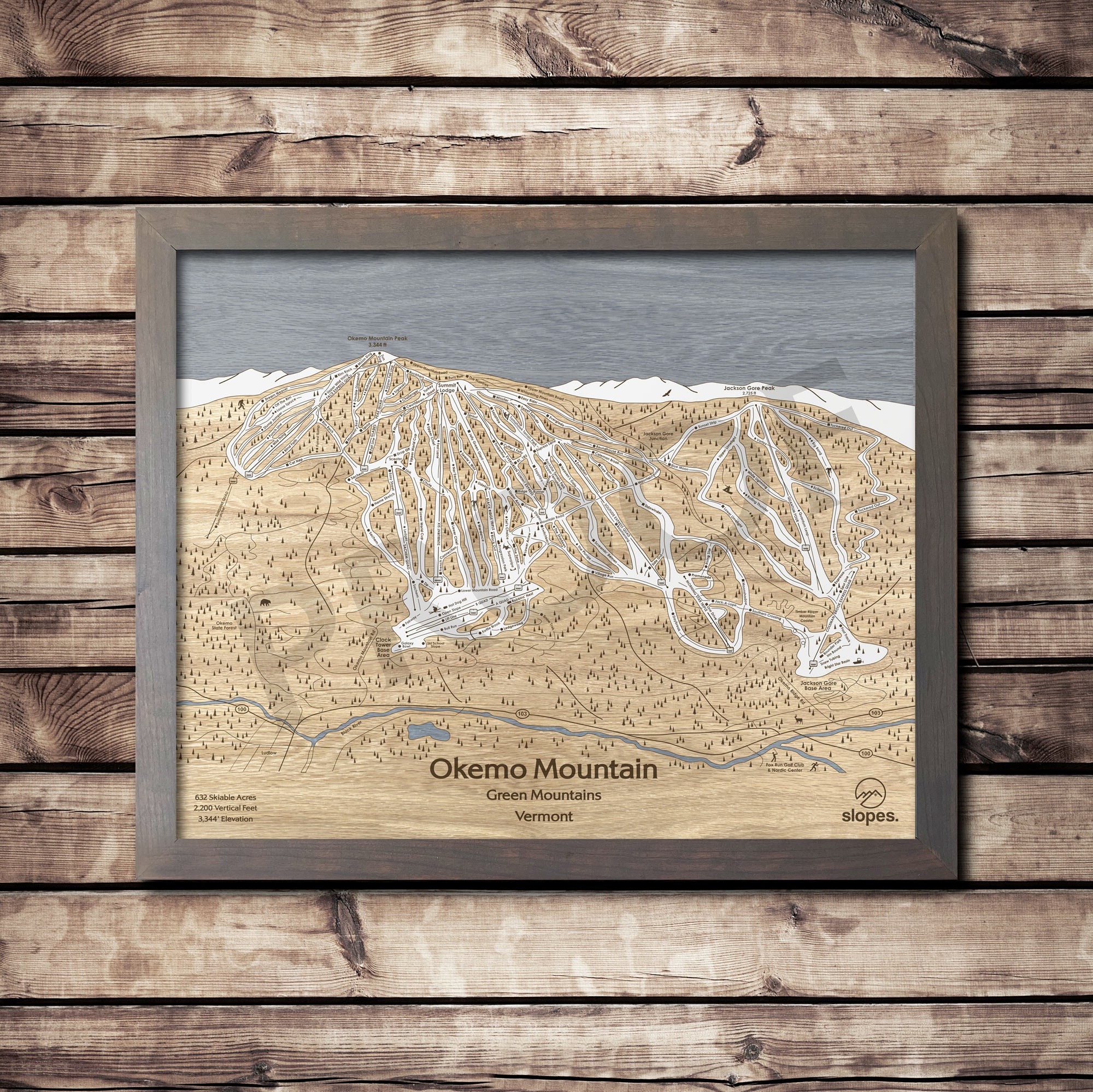 Okemo Mountain Ski Trail Map Art Engraved Wood Cabin Decor Etsy Il Ca0b 