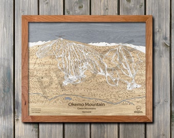 Mapa artístico de pistas de esquí de Okemo Mountain: decoración de cabaña de madera grabada