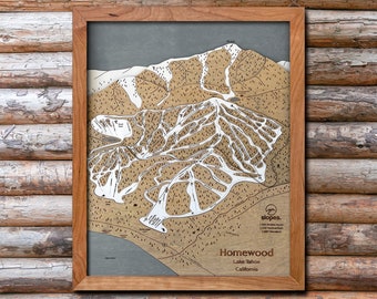 Mapa 3D de pistas de esquí de Homewood: Arte de esquí grabado en madera