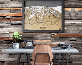 Mapa 3D de pistas de esquí de Sun Valley: Arte de esquí grabado en madera