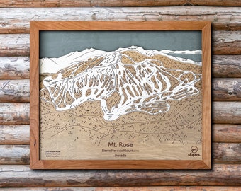 Mapa 3D de pistas de esquí de Mt. Rose, Nevada / Arte para esquiadores, Mapa artístico de pistas de esquí, Mapas grabados en madera, Decoración para cabañas, Regalos para esquiadores