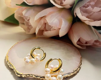 18k Gold Dainty Freshwater Pearl Earrings | Gold Dainty Earrings with Pearl | Large Charm Hoops | Pearl Hoop Earrings | Huggie Hoop Earrings