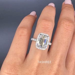 14KT White Gold Engagement Ring Diamond Halo 3.00CT Emerald Cut Lab Grown Diamond Wedding Ring Proposal Ring Personalized Gifts For Women