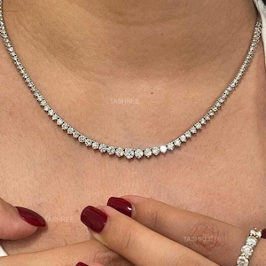 10 Carat Round Lab Diamond Tennis Necklace Lab grown Diamonds VS -VVS Clarity Graduated Tennis Necklace 3 Prong Set 14K Gold Necklace Gifts
