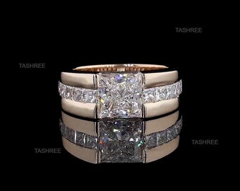 Princess Cut Lab Grown Diamond Men&#39;s Ring Solid Gold Luxury Jewelry Certified Lab Grown Diamond  Ring Channel Set Design Square Diamond Ring