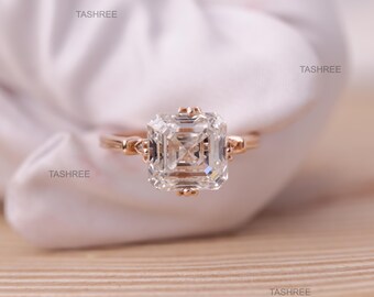 Asscher Cut Lab Grown Wedding Ring Compass Setting Art Deco Engagement Ring Cathedral Shank Anniversary Gift Ring Yellow Gold Lab Grown Ring