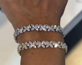 10 TCW Lab Grown Diamond Tennis Bracelet Round & Marquise Diamonds Flower Bracelet Nature Inspired Bracelet 14k Women&#39;s Flower Bracelets