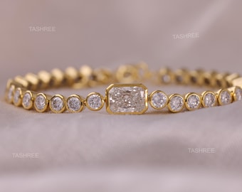 Lab Grown Diamond Bracelet Round Cut Full Bezel Set Tennis Bracelet 1.5CT Radiant Cut Lab Diamond Yellow Gold Bracelet Gifts For Anniversary
