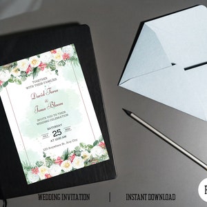 Blumen Hochzeitseinladung | Bearbeitbare minimalistische Hochzeitseinladung | Moderne Blumen Hochzeitseinladung | Druckbare Hochzeitseinladung | PDF Druck