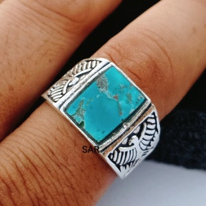 Eagle Turquoise Ring for Men, Sterling Silver Mens Ring, Square Stone Ring, Signet Ring, Alternative Engagement Ring