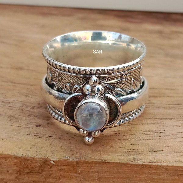 Rainbow Moonstone Ring,Gemstone  Spinner Ring, 925 Sterling Silver, Fidget Ring,Handmade Ring, Meditation Ring, Worry Ring, Gift for her