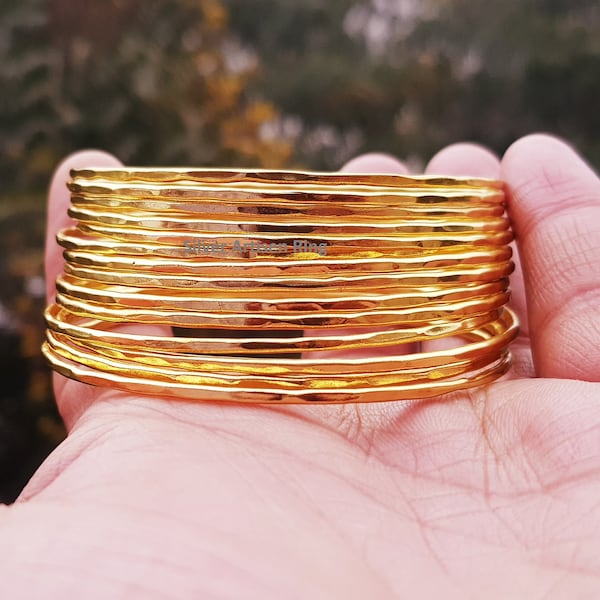 Thin Brass Bangle Bracelet Set of 12 Bangles, Stacking bangle| Hammered bangle| pure brass jewelry| solid brass bangle Gift for Women