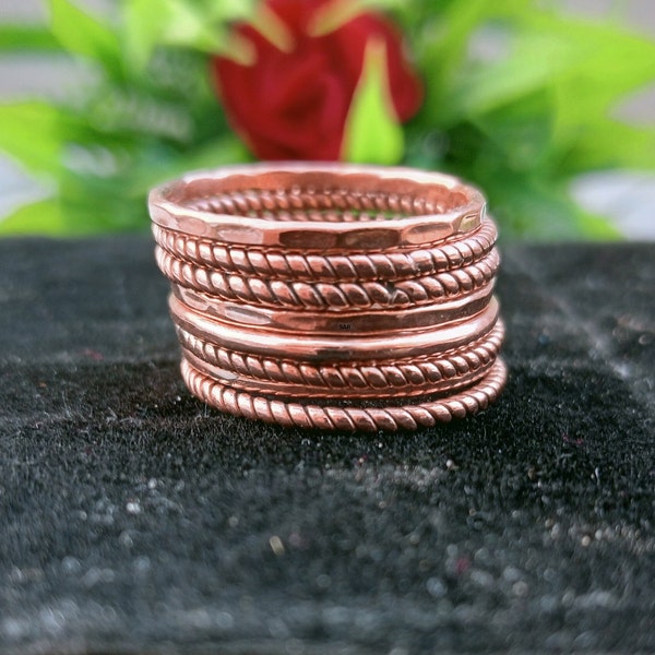 Copper Set of 8 Stacking Ring -  Copper Stacking Rings - Simple Copper Hammered and Twist Bands - Solid Copper Ring - Gift for Her
