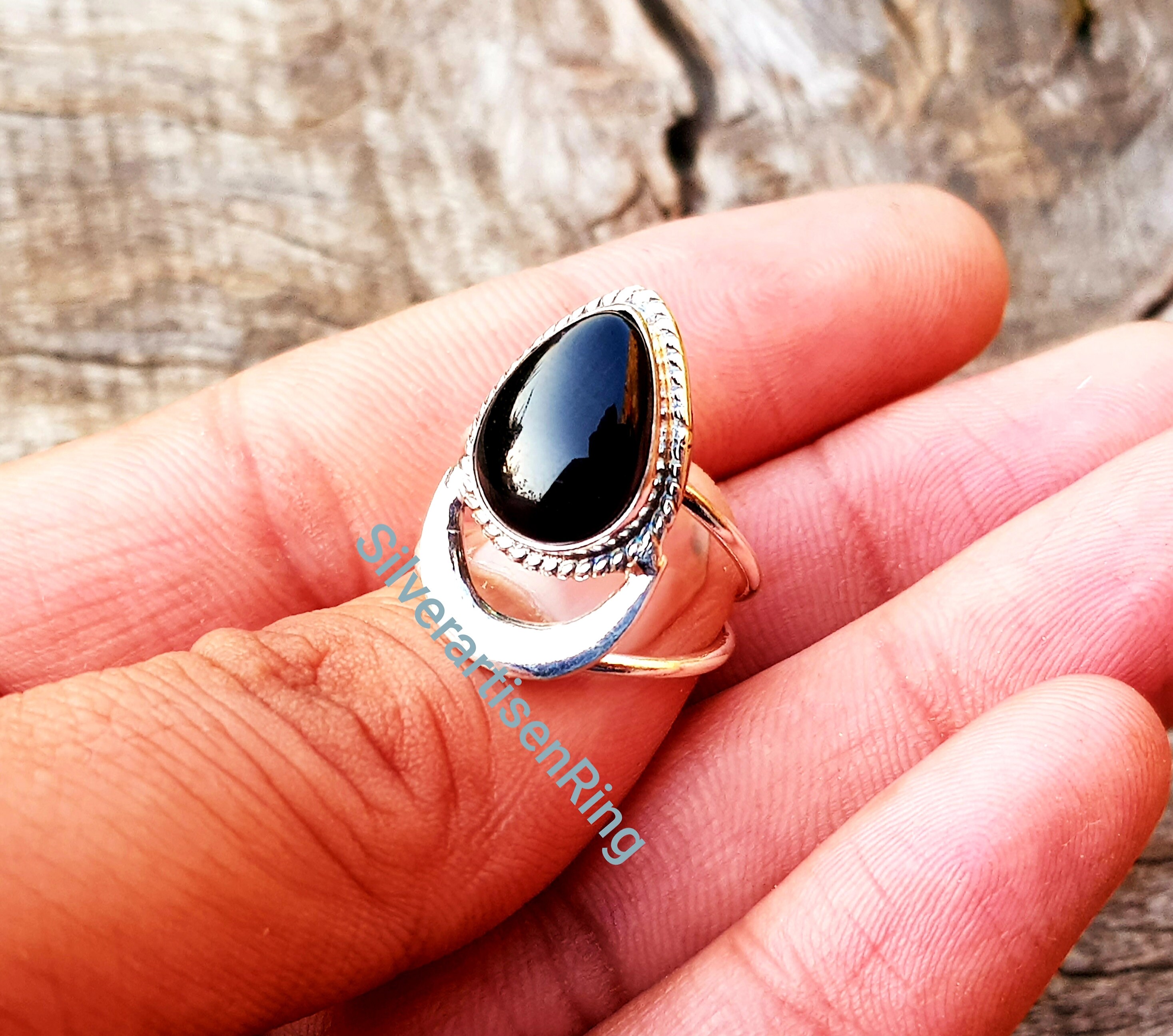 Crescent Moon Ring, Black Onyx Ring, Sterling Silver Ring