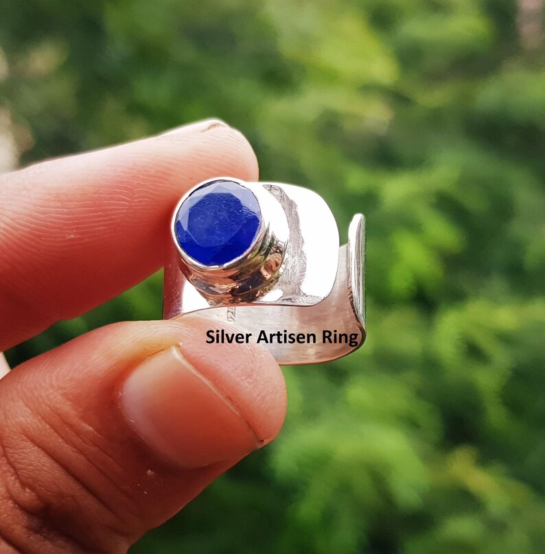 Blue Sapphire Sterling Silver Ring, Faceted Sapphire Round CZ Blue
