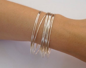 Dainty Thin 1.3mm Round, Sterling Silver Bangle Set, Set of 10 Bangles, Thin Stacking, Bangles, Silver Bracelet Set, 10 Day Bangles