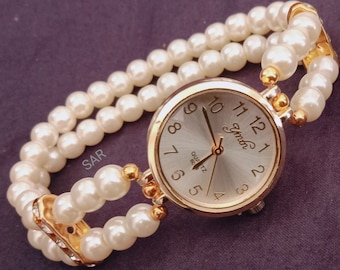 Reloj de pulsera de perlas de agua dulce blanco - reloj de pulsera con cuentas - reloj de mujer para regalo regalo de boda