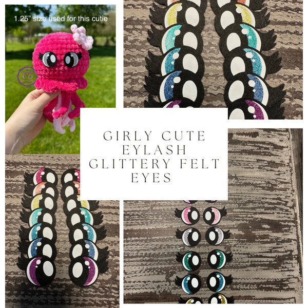 Girly Cute Eyelash Glittery Felt Eyes/FAST TURN AROUND/Amigurumi eyes/Stuffies eyes/ Variation of sizes and colors/Iron On