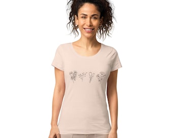 Dames 100% biologisch t-shirt voor dames. Bloei in stijl met ons bloementee! Milieuvriendelijk meisjesshirt, moeders shirt, biologische kleding.