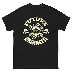 May include: Black t-shirt with a distressed, off-white graphic. The graphic features the text "FUTURE MECHANICAL ENGINEER" in a circular design with gears, skulls, and wrenches. The shirt is made of a soft, comfortable material.
