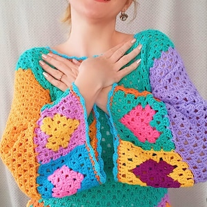 Crochet hearts blouse sweater, colorful crochet blouse, gift for her, knit hearts blouse, gift for women, crochet crop,  summer blouse
