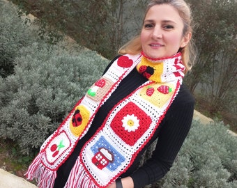 Handmade Crochet Wool Scarf: Colorful Patchwork Design