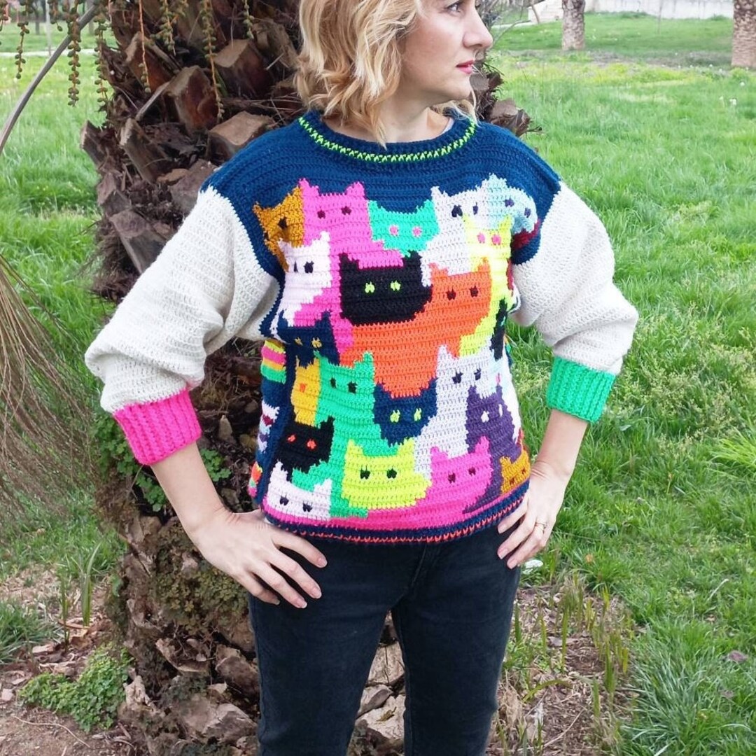 Colorful Crochet Sweaters Crochet Cat Sweaters Knitted Etsy