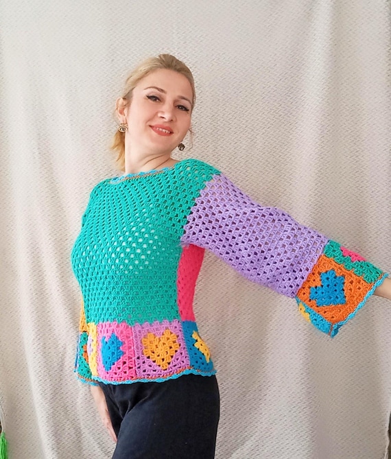 Crochet Hearts Blouse: Colorful Cotton Knit Crop Top - Etsy