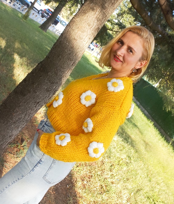 Daisy Crochet Chunky Knit Cardigan: Oversized Flower Sweater - Etsy