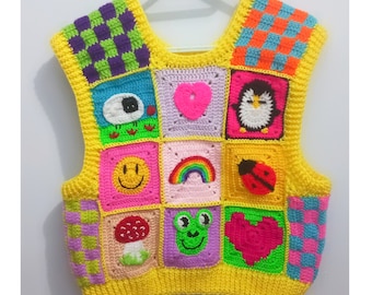 Crochet vest sweater, colorful crochet vest, gift for her, knit vest sweater, crochet patchwork vest sweater, crochet cardigan