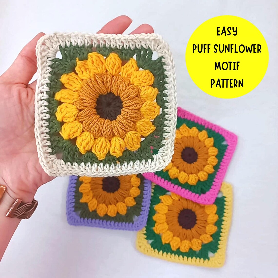 Crochet Puff Sunflower Granny Square Pattern, Easy Beginner Sunburst ...