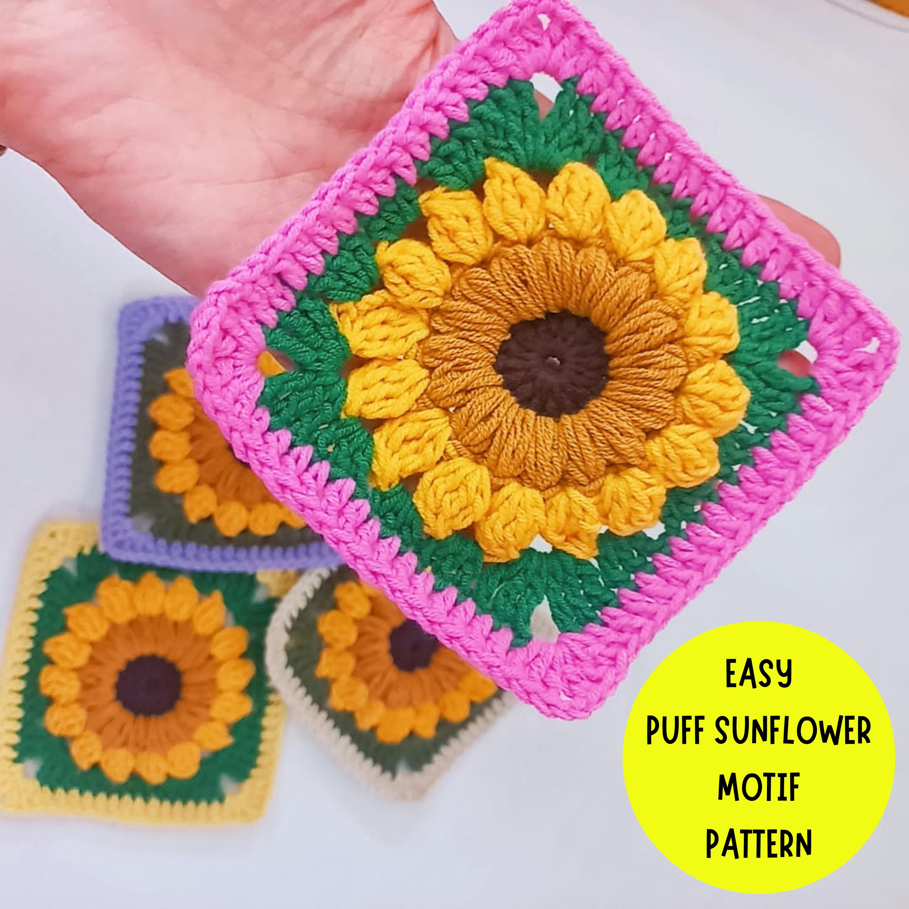 Crochet Puff Sunflower Granny Square Pattern, Easy Beginner Sunburst ...