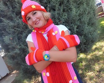 Handmade Crochet Winter Set: Red, Pink, Orange Scarf, Gloves & Beanie