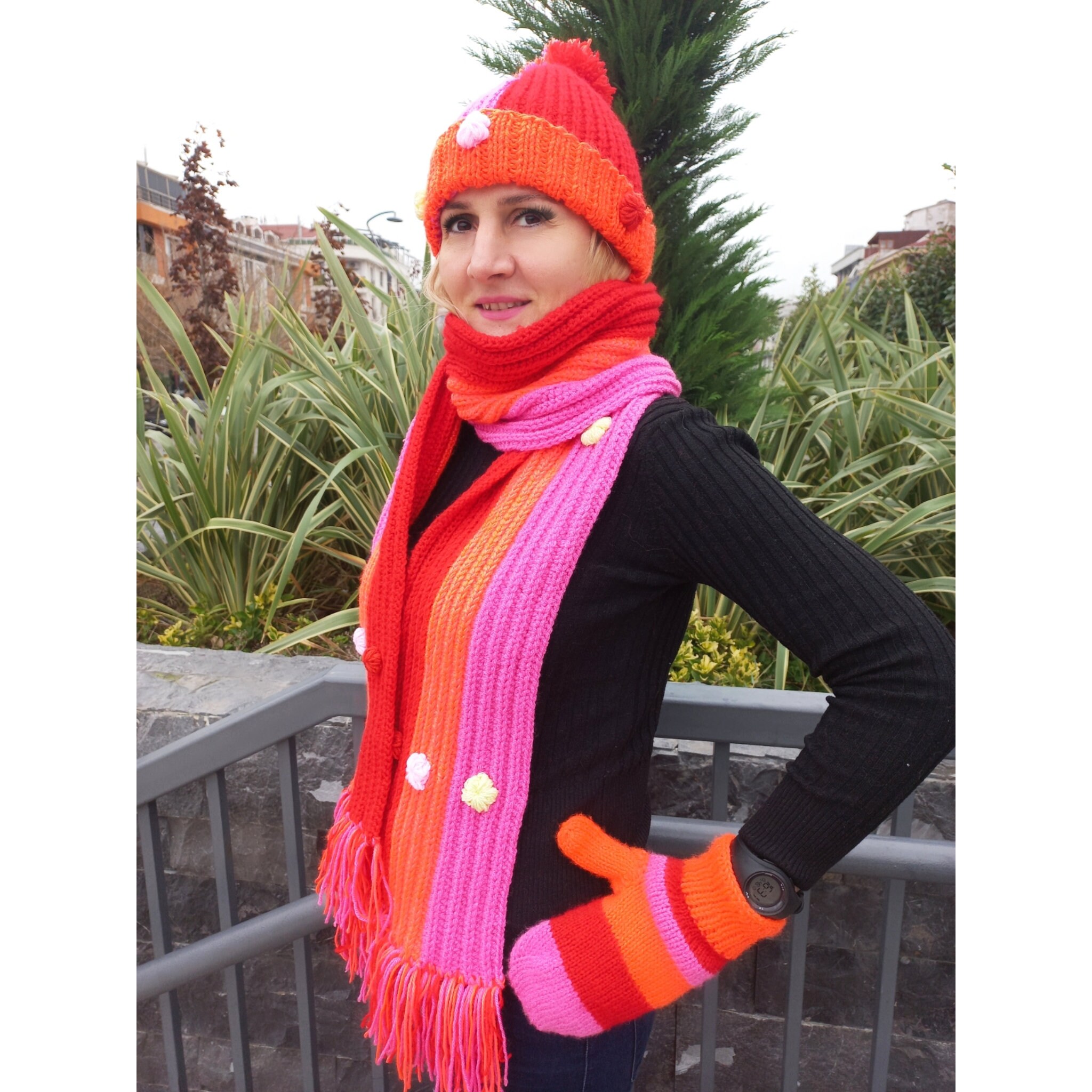 Handmade Crochet Winter Set: Red, Pink, Orange Scarf, Gloves 