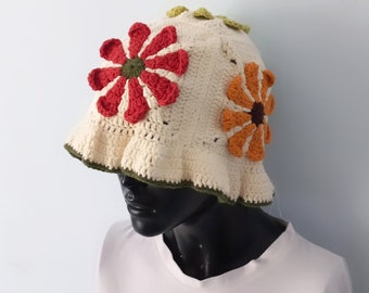 Crochet daisy hat, crochet bucket hat, knitted hat, unisex hat, crochet accessories, gift for her,hand knit coton summer hat, bucket hat man