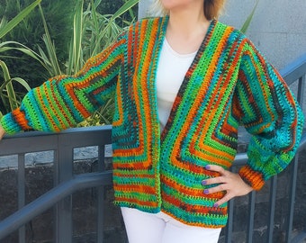 Oversize crochet cardigan, knit cardigan, womens cardigan, colorful crochet cardigan, hexagon cardigan, boho cardigan