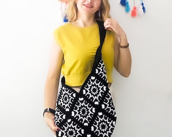 Crochet Granny Square Tote Bag: Handmade Cotton Shoulder Bag