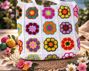 Crochet Flower Granny Square Tote Bag: Handmade Cotton Knit