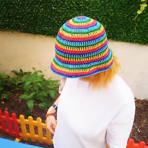 Crochet Striped Bucket Hat: Cotton Knit Unisex Hat