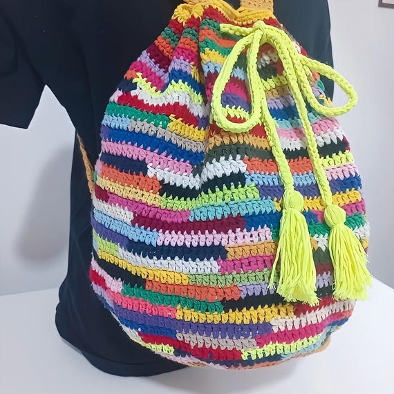Handmade Striped Crochet Backpack: Colorful Cotton Bohemian  display picture 1